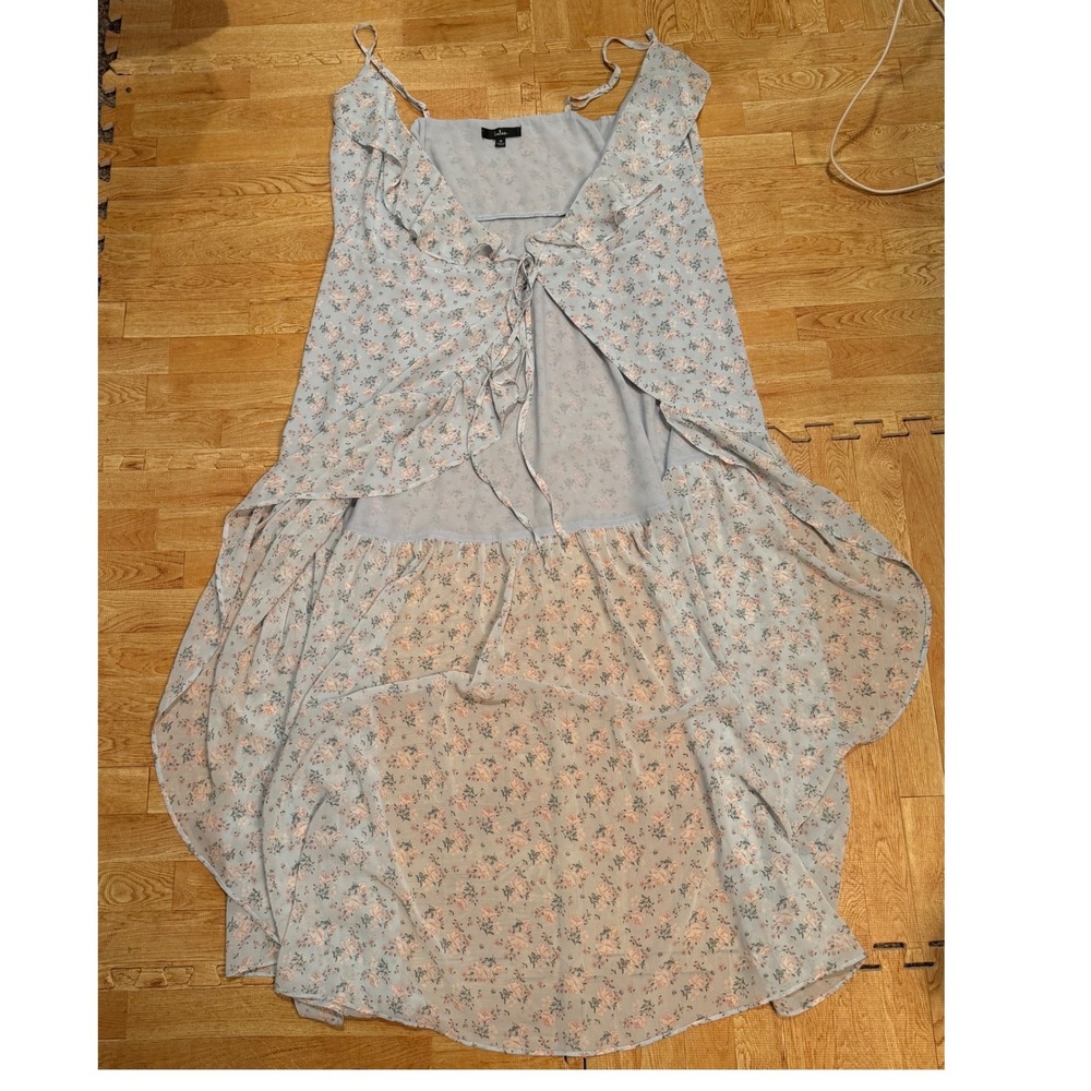 Lulus Light Blue Floral Ruffle High Low Maxi Dress Medium Rose Print Wrap Front